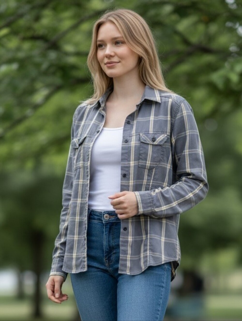 Arc'teryx Women's Blue and White Plaid Button-Down Shirt